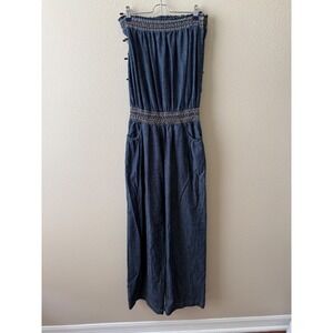 Poetry Clothing Womens Strapless Denim Jumpsuit Smocked Embroidered Wide Leg L